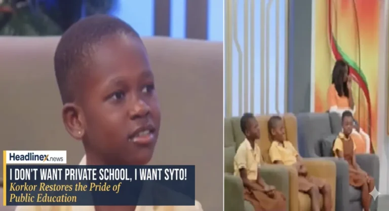 Julie Korkor Teye, a brilliant Ghanaian pupil from Dodowa Newtown D/A Basic School, smiling confidently in her brown and yellow public school uniform with the school building in the background.